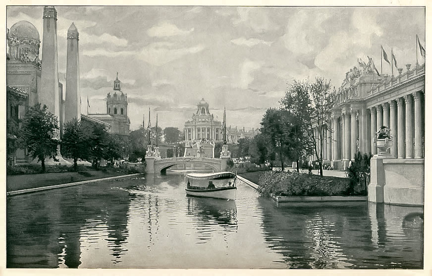 Vista of Cascade Hill from The East Lagoon. On the right The Palace of Education and Social Economy; on the left The Palace of Mines and Metallurgy and The Pavilion of The Imperial German Government.