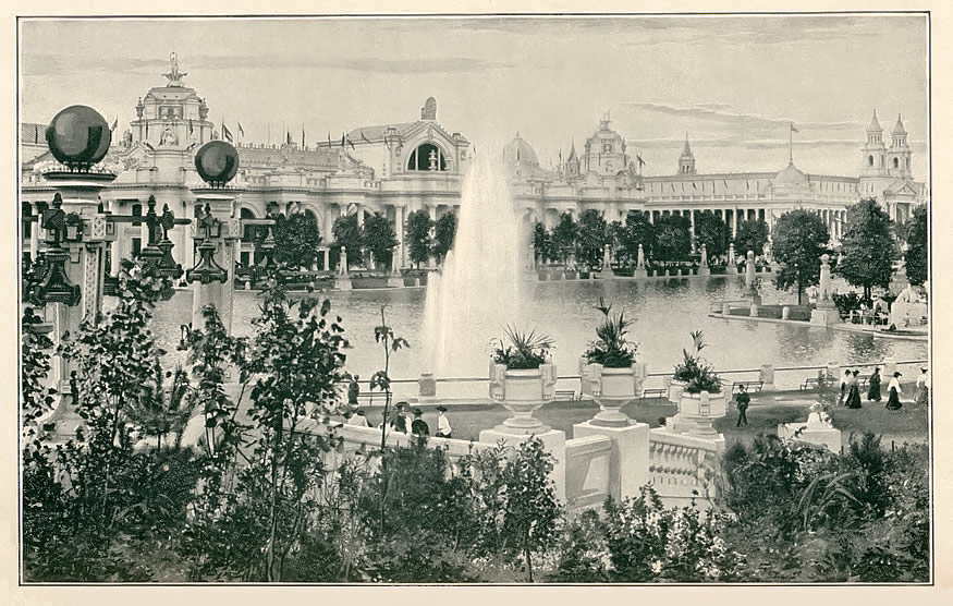 Palace of Electricity and Palace of Varied Industries from the Cascade Gardens.